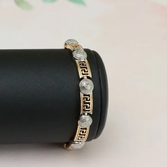 "Greek Key Rose Gold Bracelet with Silver Disc Accents, XPBL0792 - Picture 8 of 12